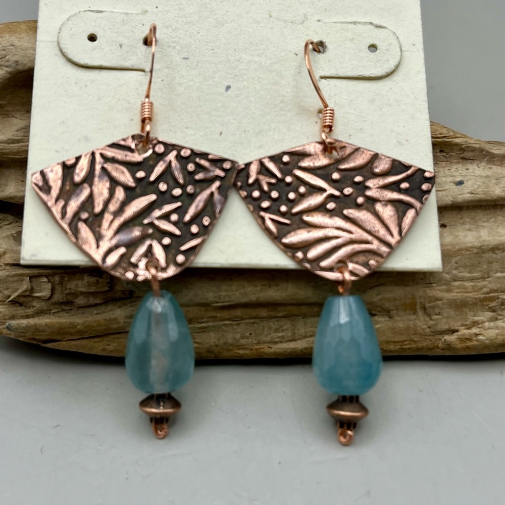 Handmade Copper Botanical Drop Earrings Aqua Blue Gemstone Boho Artisan Jewelry